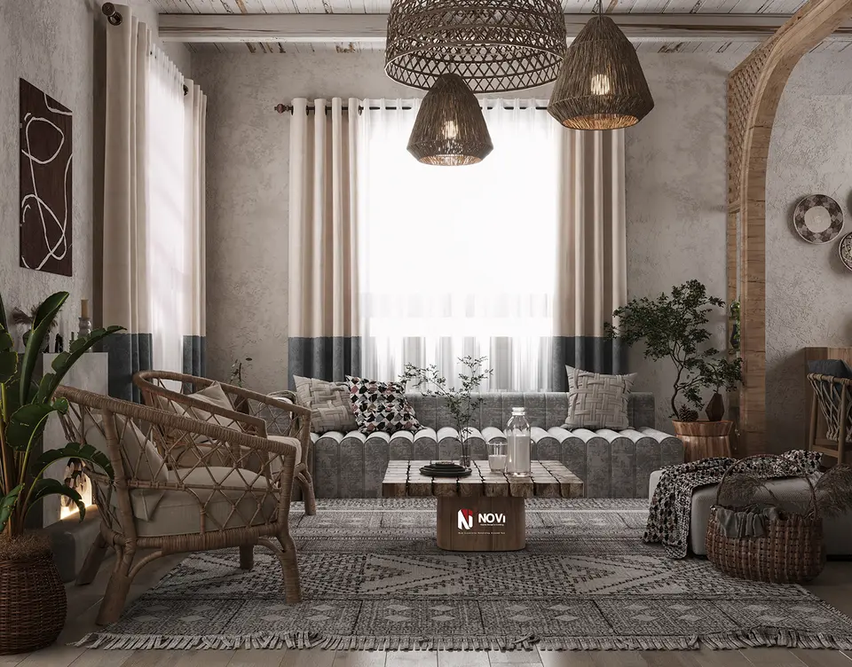 غرفة معيشة وطعام بوهيمية بأقواس وراتان — تصميم نوڤي للتصميم والتشطيب (1 من 8)