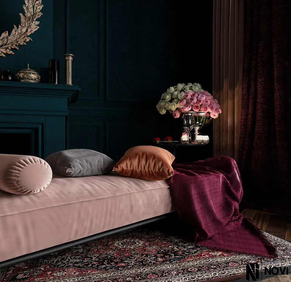 classic living room in deep teal and velvet — designed by NoVi Designs & Finishing (1 of 8)