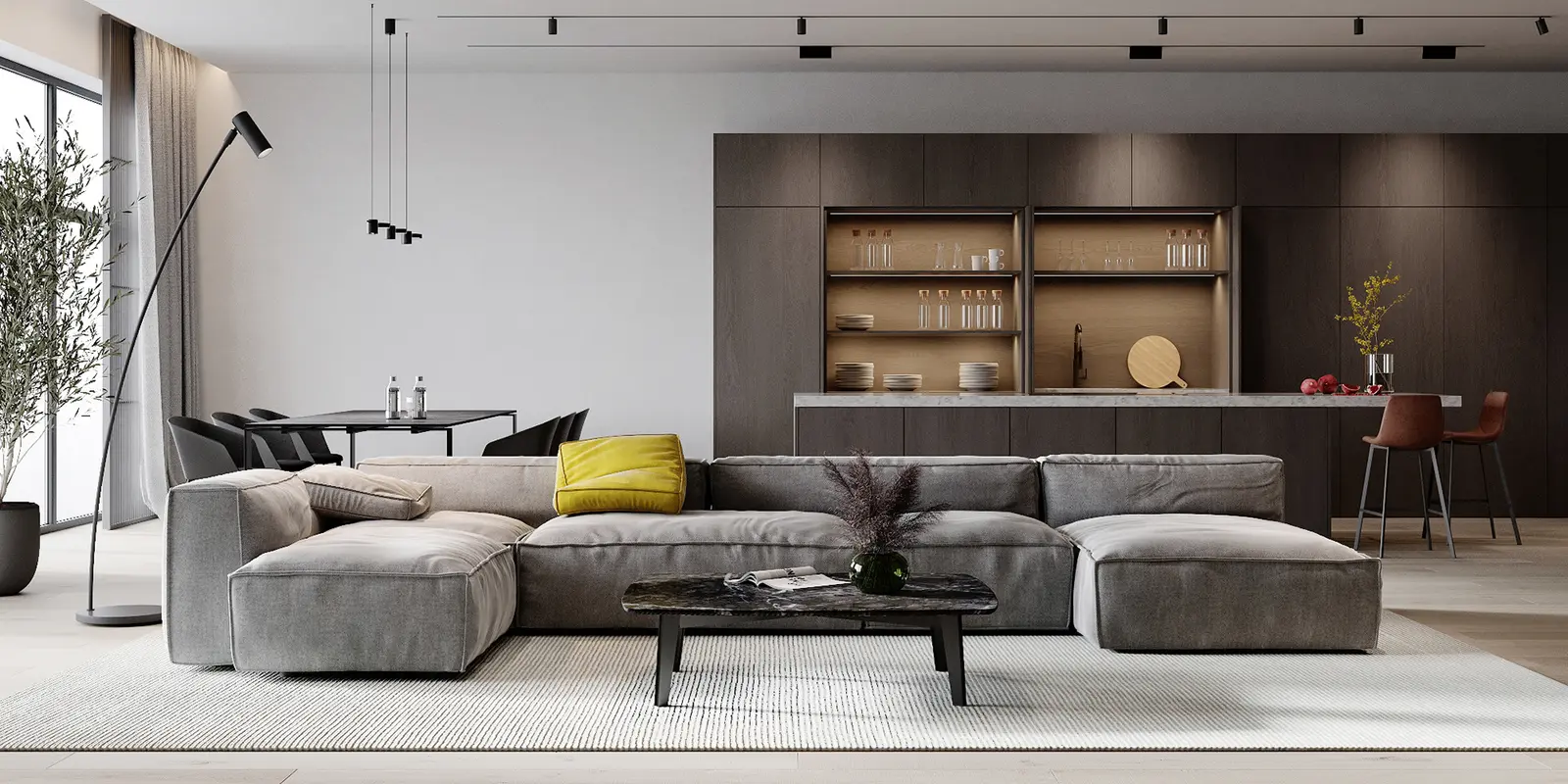 غرفة معيشة مودرن بجدار تلفاز حجري — تصميم نوڤي للتصميم والتشطيب (1 من 6)