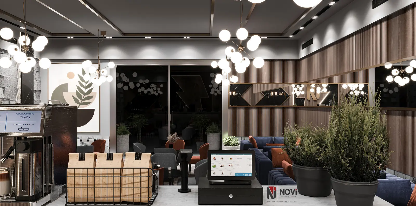 café-restaurant interior with walnut and globe lights — designed by NoVi Designs & Finishing (1 of 8)