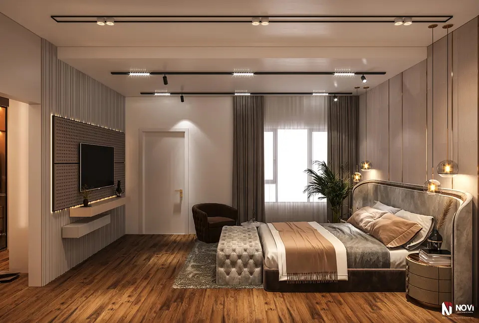 neo-classic master bedroom in warm neutrals — designed by NoVi Designs & Finishing (1 of 6)