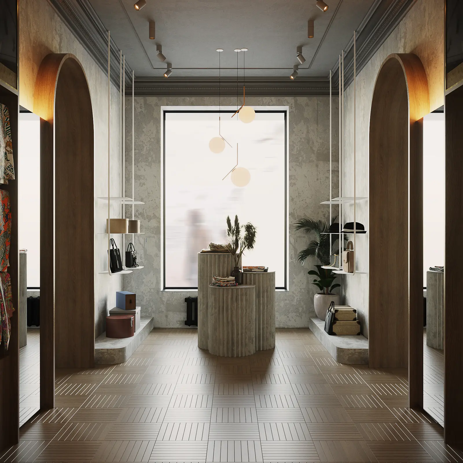 متجر مفاهيمي بفتحات مقوّسة ومنصات عرض — تصميم نوڤي للتصميم والتشطيب (1 من 7)