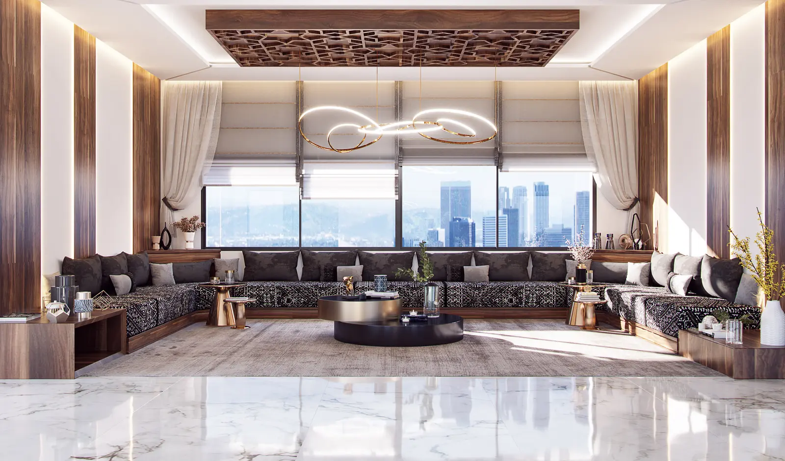 Arabian-heritage majlis with carved timber ceiling — designed by NoVi Designs & Finishing (1 of 5)