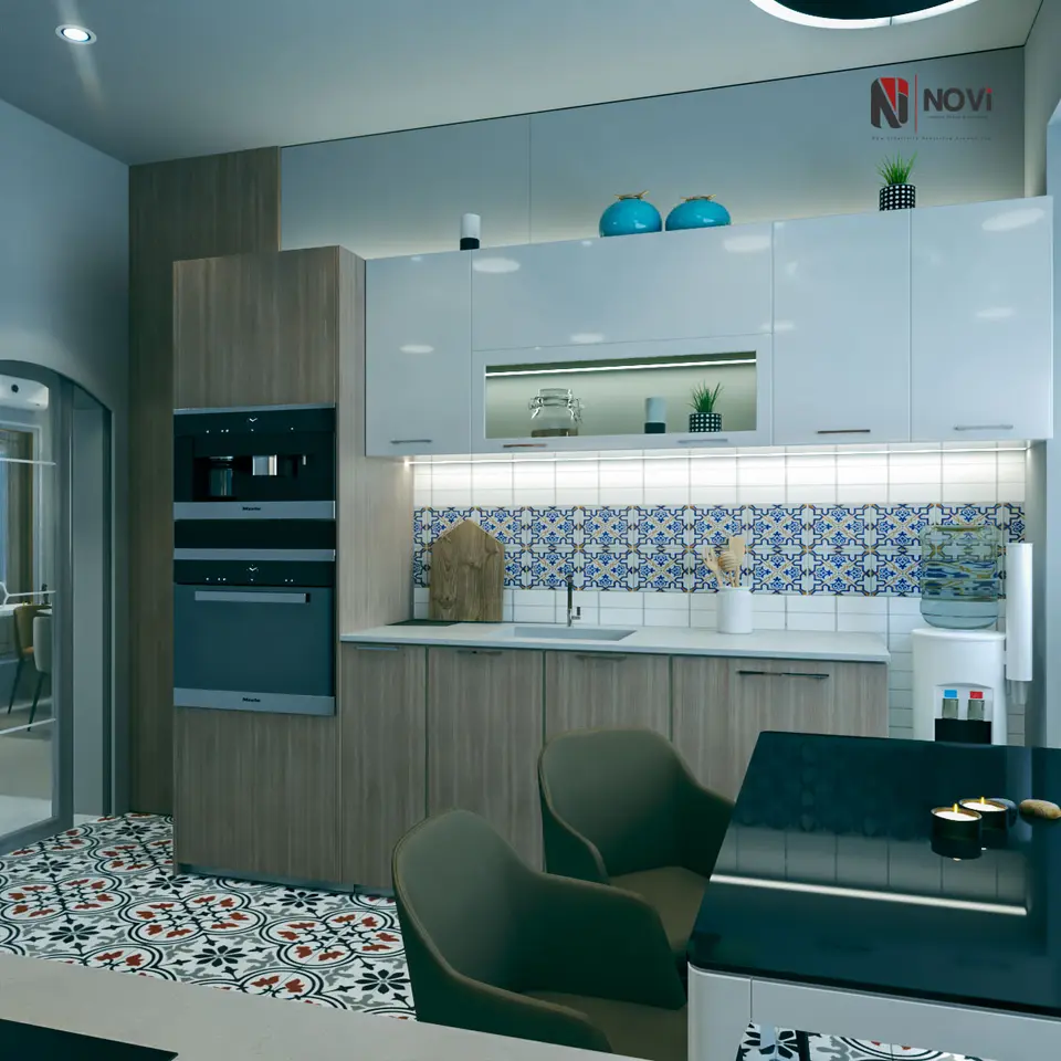 مطبخ على شكل U ببلاط مزخرف — تصميم نوڤي للتصميم والتشطيب (1 من 6)