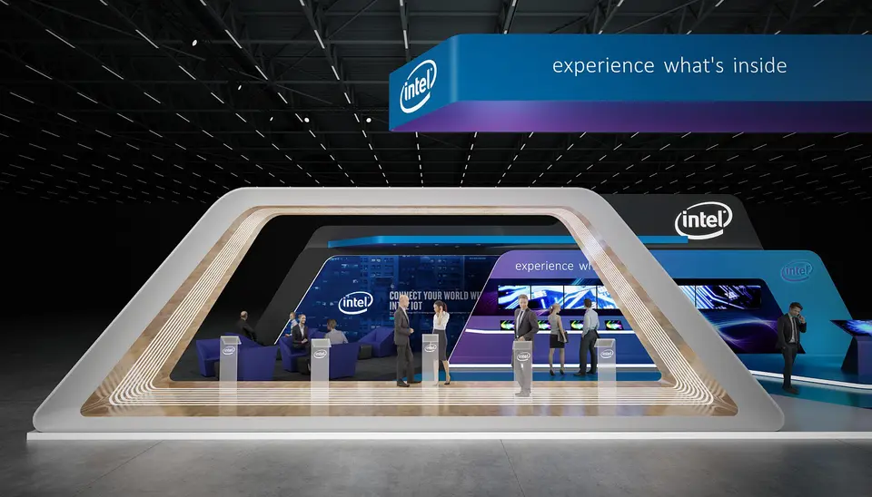 exhibition stand with white arch and LED screens — designed by NoVi Designs & Finishing (1 of 8)