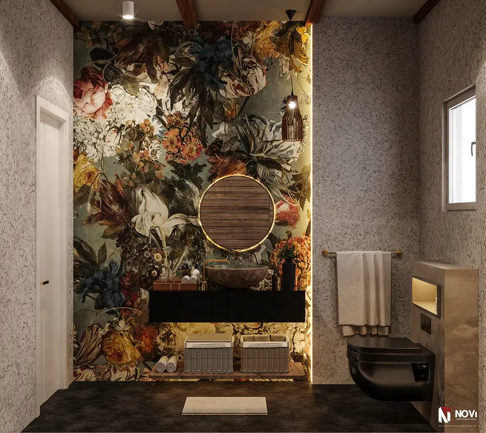 artistic bathroom with botanical wallpaper — designed by NoVi Designs & Finishing (1 of 4)