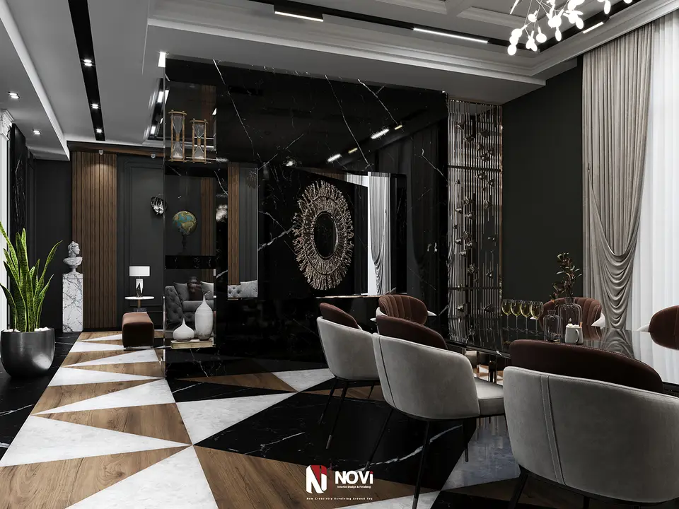 صالة استقبال وطعام نيو كلاسيك في فيلا — تصميم نوڤي للتصميم والتشطيب (1 من 9)