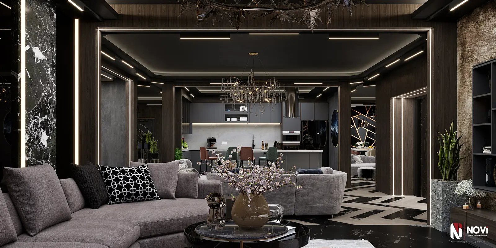 dark contemporary open-plan living, dining and kitchen — designed by NoVi Designs & Finishing (1 of 8)