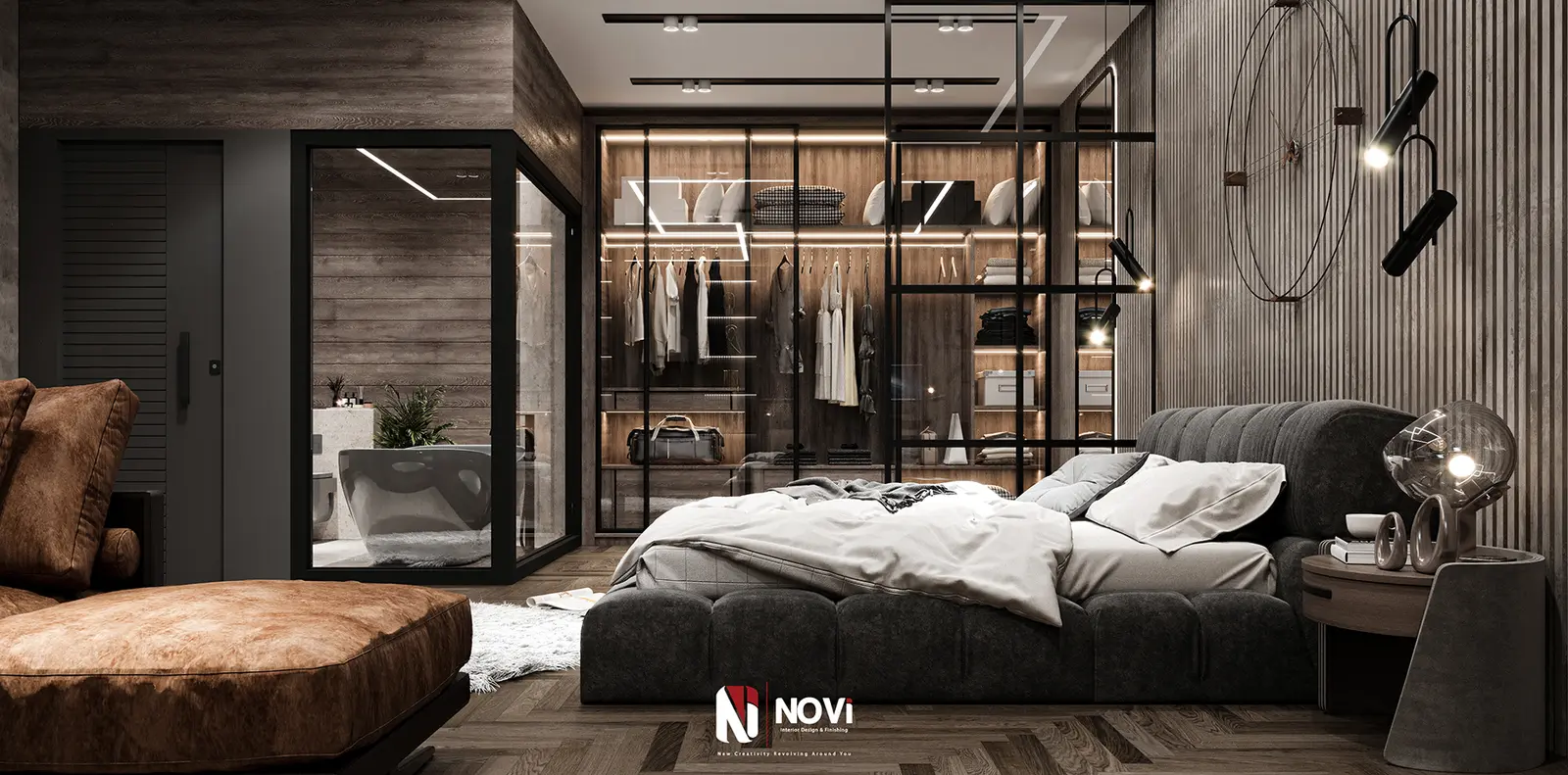 modern master bedroom with glass walk-in wardrobe — designed by NoVi Designs & Finishing (1 of 10)