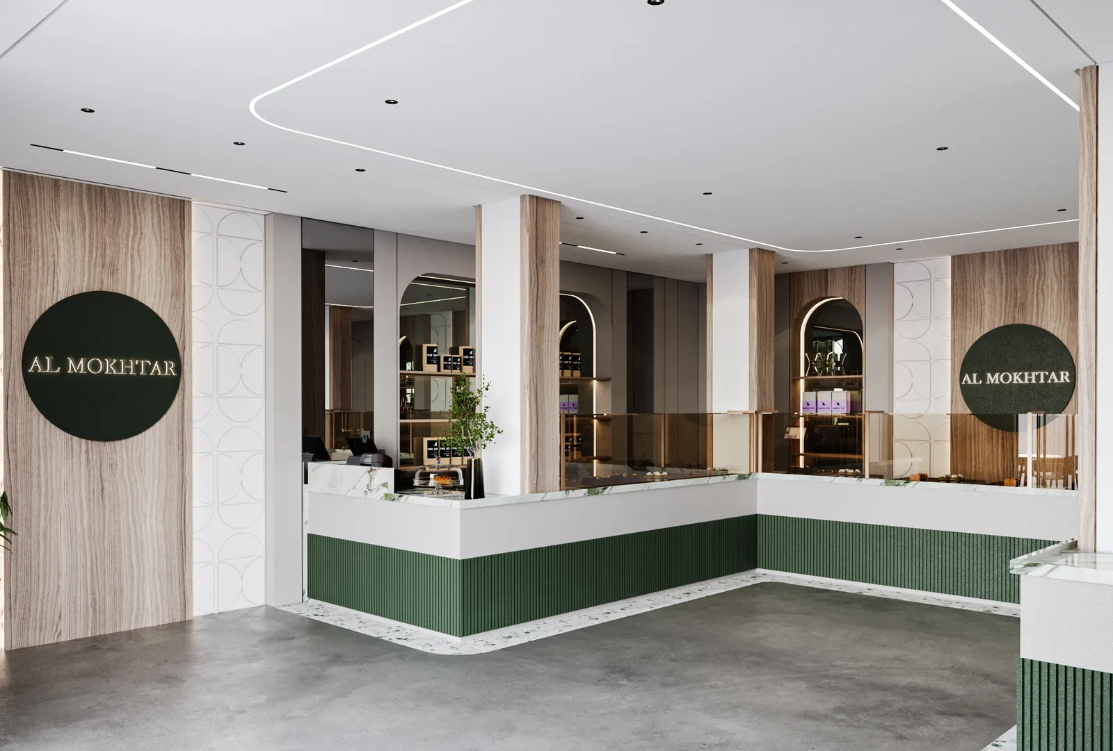 Visualisation of El Mukhtar Sweets: green fluted display counters with white tops, timber-clad columns, arched display niches and a round brand sign