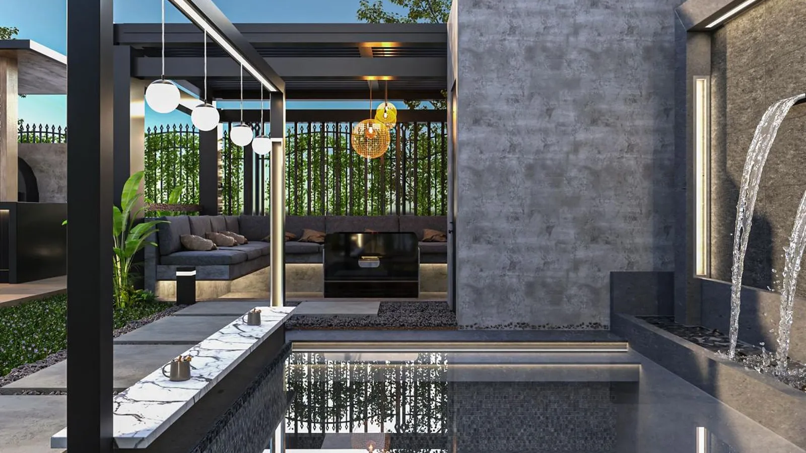 Neom October Villa Landscape — 3D design: Plunge pool, water wall and pergola lounge