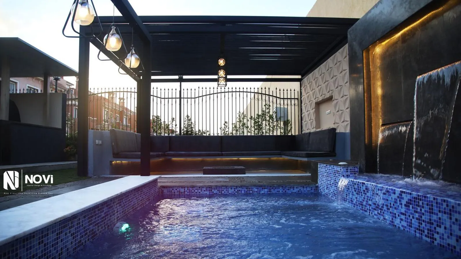 Neom October Villa Landscape — As built: Plunge pool, water wall and pergola lounge
