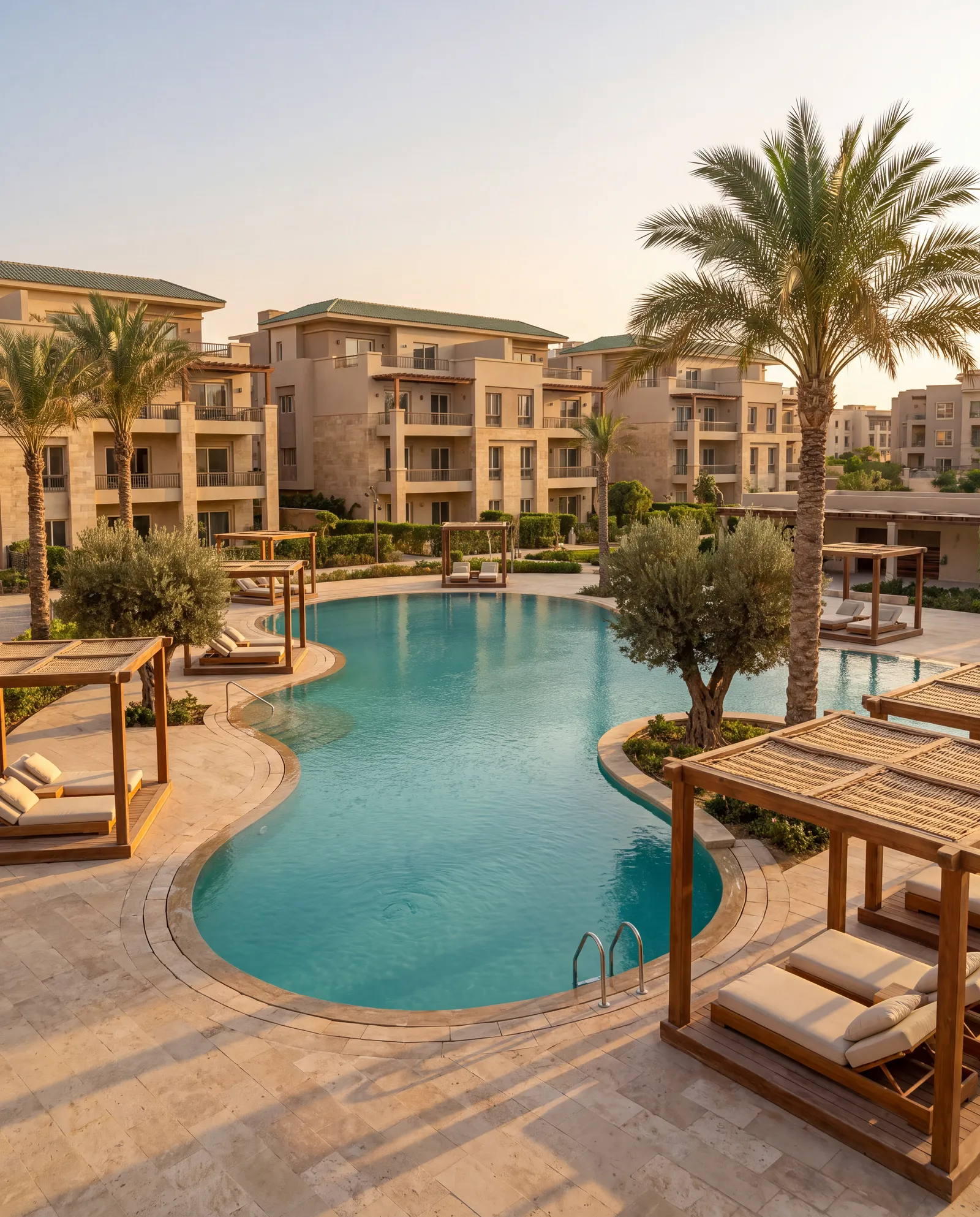 حمام سباحة في مجمع سكني بطابع المنتجعات مع مظلات خشبية ونخيل