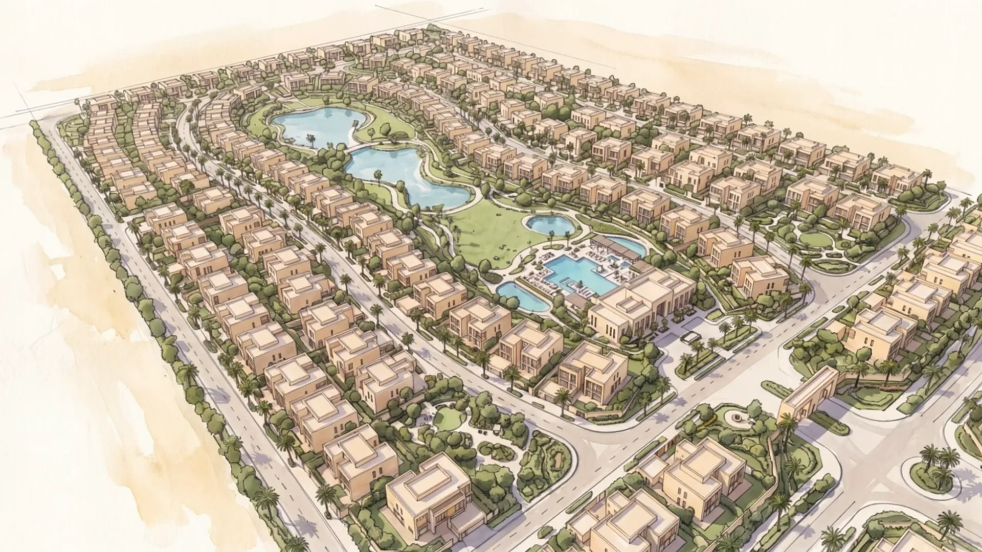 Visualisation of a fully designed residential compound, from masterplan to sales gallery